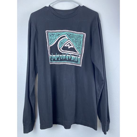 Quicksilver Sz M Front Graphic LS Black T Shirt Surf Beach Casual - Picture 1 of 7